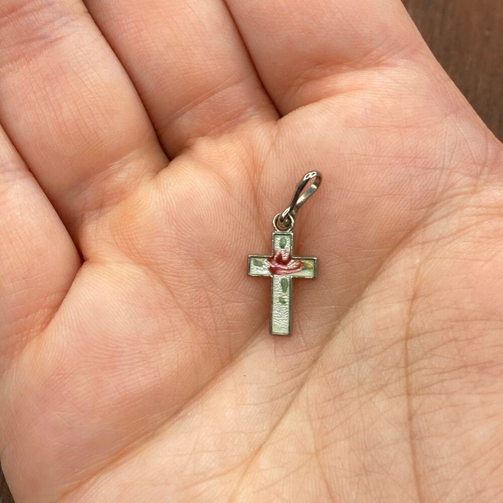 Vintage 925 Sterling Silver Guilloche Rose Cross Small Pendant Bracelet Charm